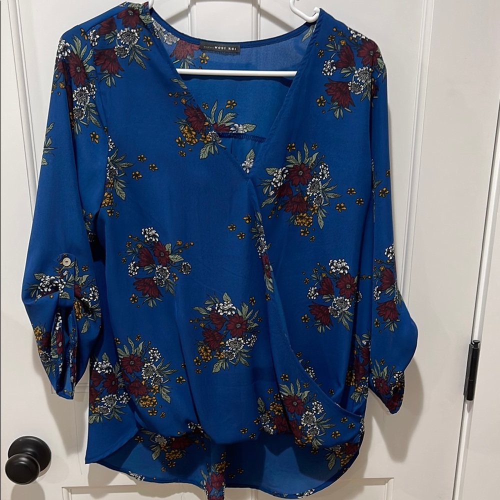 West Kei Blue Floral Wrap Blouse